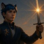 王が誓いの剣を掲げ、夜明けの空に理想の光を貫く構図。静かな視線と黄金の火種が画面全体に拡がる。 A young lion-humanoid king lifts the Blade of Oath into a golden dawn sky, his eyes filled with fireseed and silent resolve.