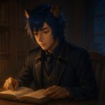 夜の書斎で本を読むライオン獣人の青年・キング。ロウソクの灯火と静かな表情が印象的な読書風景。