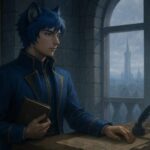 静かな塔の書斎で本を閉じ、遠くを見つめるキング。構造のズレと心の壁を見つめる横顔。