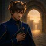 誓いを胸に静かに俯く青年王が朝焼けの城門前に立つ姿