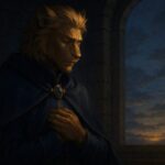 石造りの部屋で目を閉じ、誓いを胸に抱く青年王の静謐な横顔