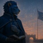 夜明けの城門前で誓いの書を手に立つ獅子型キャラ・キングの哲学的ビジュアル