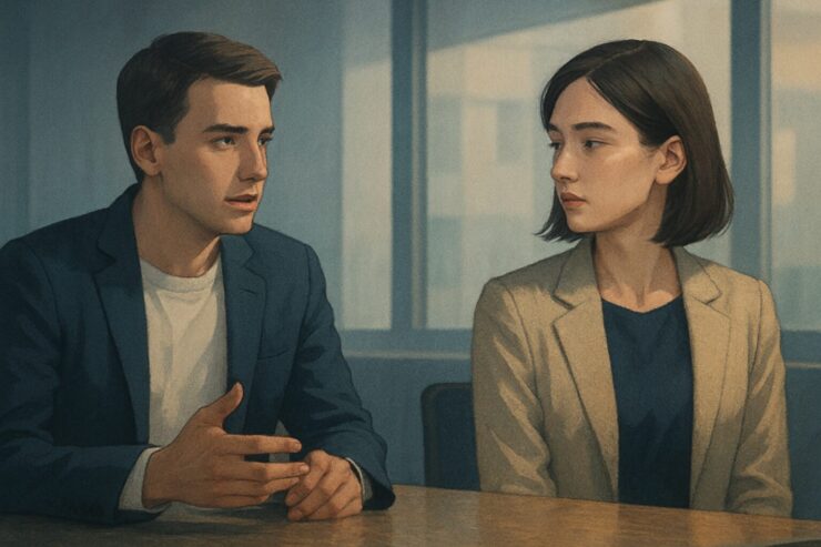 Two people in quiet conversation failing to meet each other’s eyes