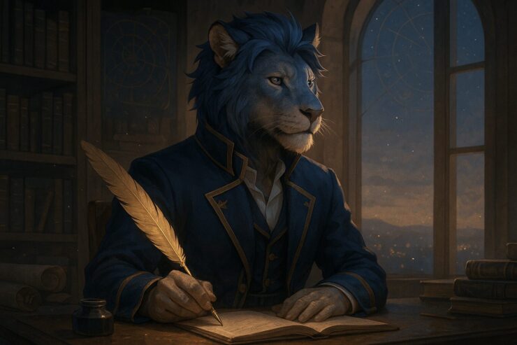 A thoughtful young man holding a feather pen, quietly observing the world from a window