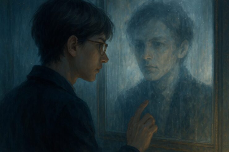 A person staring into fogged glass, seeing a distorted reflection that doesn’t match their true self