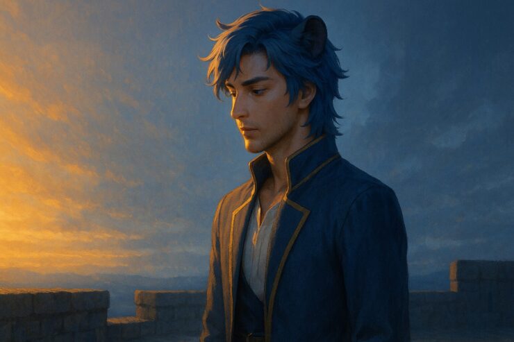 A lion beastman stands still between two lights, casting offset shadows that represent internal dissonance