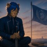 A lion-eared humanoid in royal attire kneeling in solemn meditation with a sword, as morning light filters through a quiet courtyard.（静かな中庭で剣に手を添え誓いを立てるライオン耳の青年）