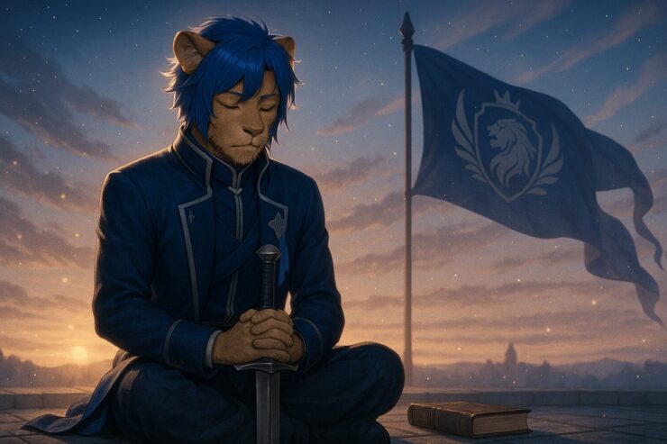 A lion-eared humanoid in royal attire kneeling in solemn meditation with a sword, as morning light filters through a quiet courtyard.(静かな中庭で剣に手を添え誓いを立てるライオン耳の青年)