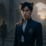 静かに石段に立つ王──朝焼けの光に誓いを宿す青年獣人の横長肖像画（ライオン耳、ロイヤルブルーの髪、紋章付きロイヤルジャケット）