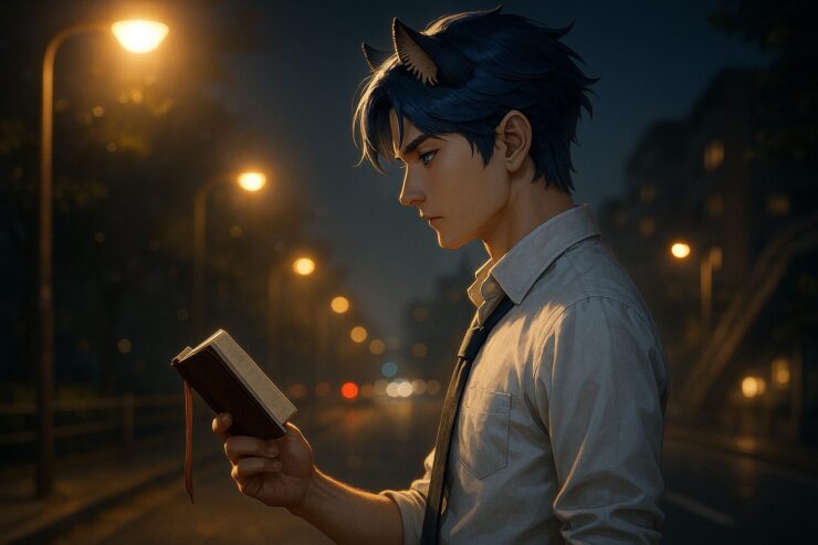 通勤帰りの夜道で、白シャツ姿の青年キングが街灯の下に立ち、手帳を見つめながら静かに立ち止まっている。ライオン耳と決意を宿す瞳が印象的。