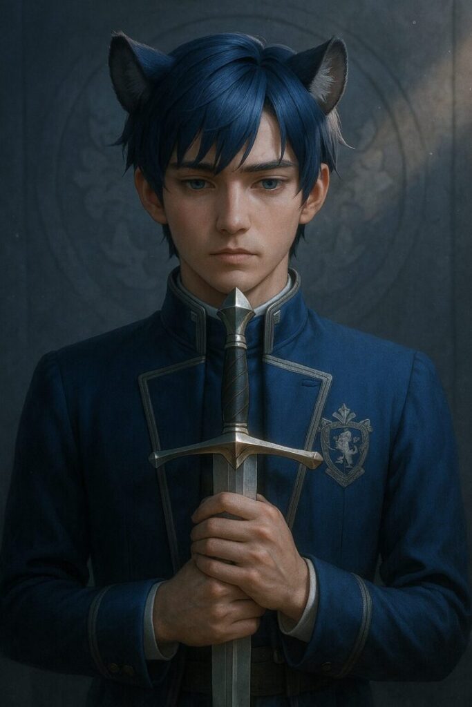 誓いの剣を胸に静かに抱え、目を閉じて沈黙する青年王(キング)/A young lion-eared king holding a ceremonial sword to his chest with closed eyes, standing in solemn silence before a royal crest