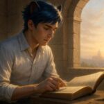 進撃の書を開き、石の書斎で未来を設計する青年王キング。問いと光が交差する静かな朝。 / King, seated under a stone arch, reads the Book of Advance in soft dawn light — a scene where philosophy and future design quietly align.