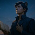 夜明け前の空に問いを掲げる青年王の姿／A young lion-eared king raising a question toward the dawn sky