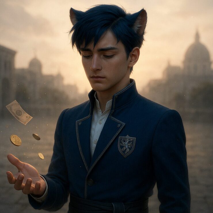 年収という報酬を手放し、何が本当に大切かを見つめるキングの横顔。 / King gazes downward in silent reflection, letting coins and papers slip from his hand — questioning the meaning of reward and fulfillment.
