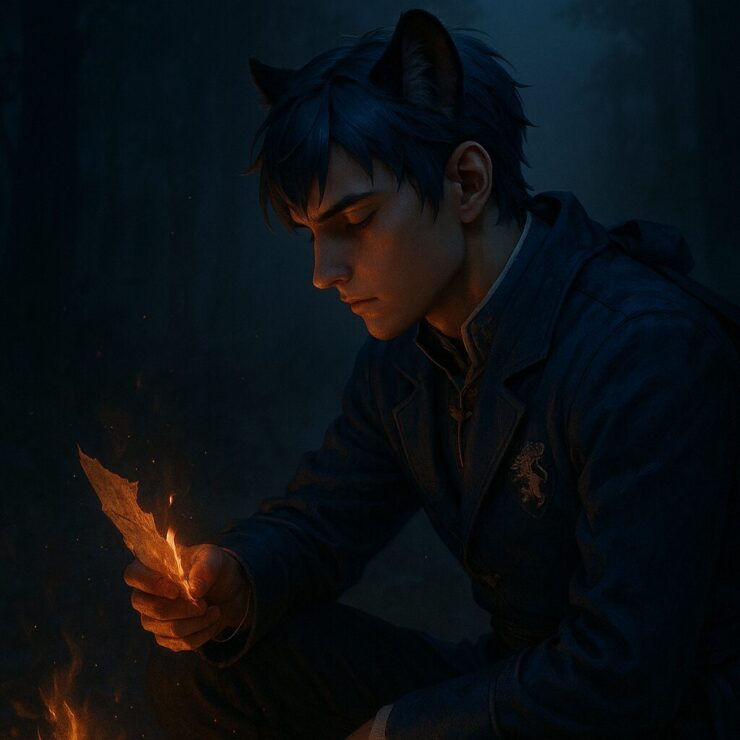 焚火の火に照らされながら紙を見つめるライオン耳の青年王／A young lion-eared king gazes at a burning paper by the fire