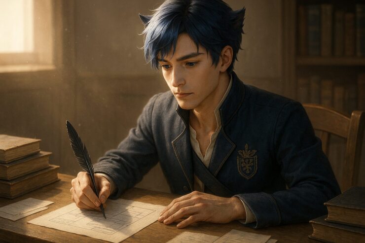 構造的に思考する青年王が静かに書き込む姿／A young nobleman calmly drafting ideas at his desk, immersed in structured thinking