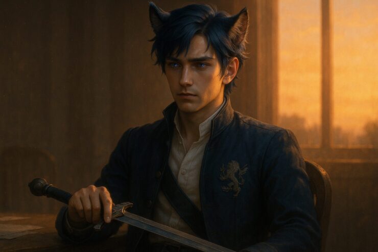 怒りを静かに言葉へと変える青年王の誓いの姿／A young lion-eared nobleman turning quiet anger into resolve at sunset