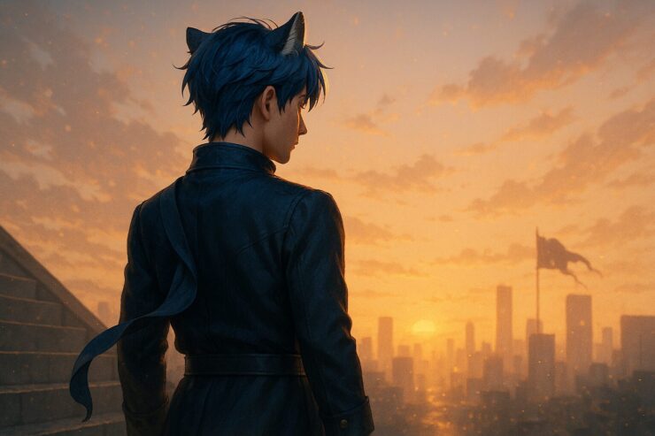 未来を見据える青年王の背中｜A lion-eared young man stands on a rooftop, facing the dawn of his destiny