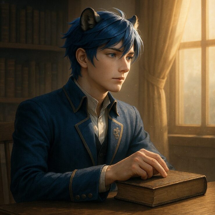 書斎の中で書を手に沈黙する青年王キング|The young lion king sits in a quiet library, resting on a book, surrounded by soft light and stillness.