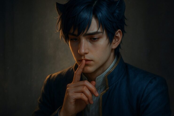口元に指を添え、言葉にならない感情を抱える青年王キング｜A young lion-eared king gently places a finger on his lips, silently holding back unspoken emotion.
