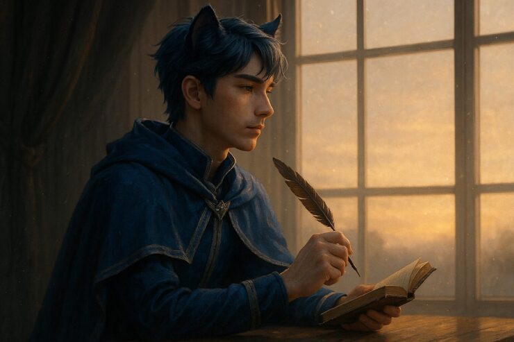 若者が人生の意味について思索する姿（A young man contemplating the meaning of life in a semi-realistic digital painting）