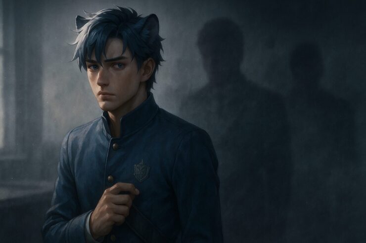 影に包まれた空間で、無言のストレスを受け止める青年王キング｜A young lion-eared king stands in a dim space, quietly enduring invisible pressure from behind.