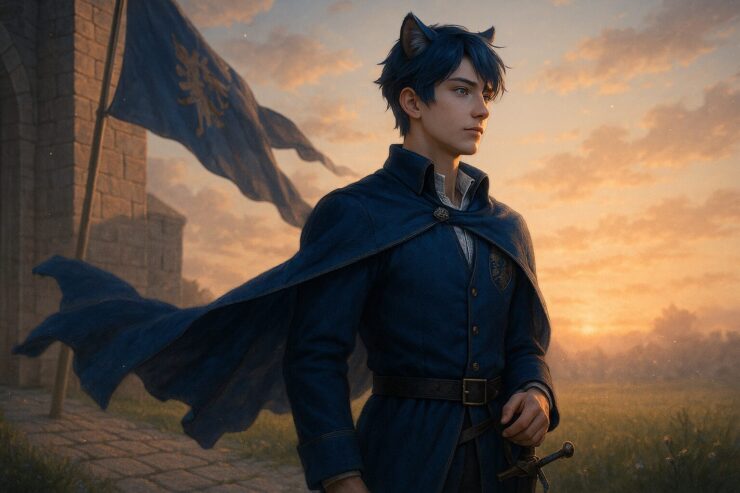 王族の青年が戦のあと、未来を見据える構図（セミリアル）｜A royal young man gazes into the distance after a battle (semi-realistic illustration)