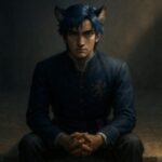 静かな石畳の中央に座り、半分が影に覆われた顔で前を見据える青年王。沈黙の中に誓いと導きを宿す構図。 A young lion humanoid king sits quietly on the stone floor, half of his face in shadow, embodying the strength of silent leadership.