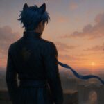 誓いの剣を背に、朝焼けに染まる城門前に静かに立つ青年王。獅子の耳と深い蒼の瞳に誇りが宿る。 A young lion-human king stands before a castle gate at dawn, his oath-bound sword on his back and pride reflected in his deep blue eyes.