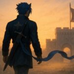 静かな誓いを胸に、夜明けの城門に向かって歩く獅子獣人の青年王の背中。短いロイヤルブルーの髪と誓いのリボンが風に舞う。 A young lion-human king walks toward a stone castle gate at dawn, his royal blue hair and vow ribbon fluttering in the wind.