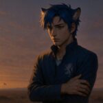 静かな荒野に立ち尽くす若き獅子の王。肩を抱え、誰もいない大地にひとり誓いを刻む姿が、孤独と誇りの間に揺れる心を描き出す。 A young lion-headed king stands alone in a vast wasteland, clutching his shoulder. His solemn gaze reflects a vow born from solitude and pride.