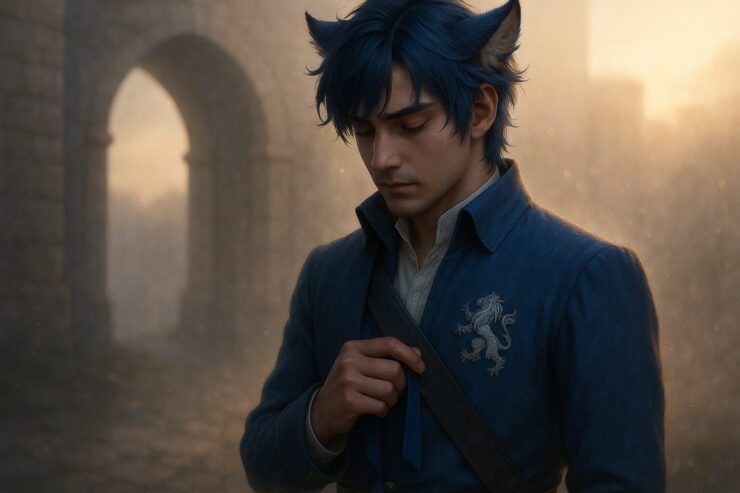 静かな誓いを胸に、腰のリボンを見つめる若き王。効率化の波の中で、大切なものを手放さぬ姿を描く。 A young royal stands in dawnlight, gazing down at the ribbon of vow—choosing not speed, but what truly matters.