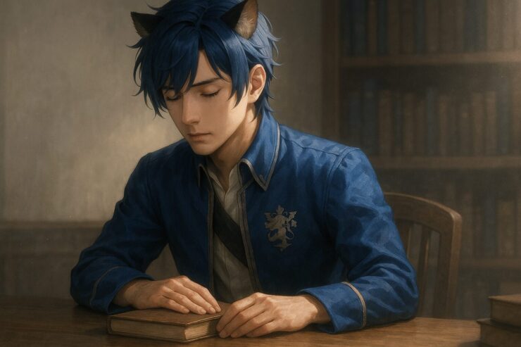 閉じた本の上に手を置き、静かに視線を落とす青年王。その表情に、“速さより深さ”という選択が刻まれている。 A lion-hearted young royal gazes down at a closed book, choosing thought over speed in a golden-lit study.