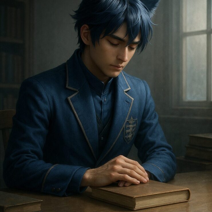 読み終えた本に手を添え、静かに瞳を閉じる若き王。深く考えるという選択の尊さを宿した静謐な一瞬。 A young royal closes his eyes in quiet reflection, resting his hand on a closed book—choosing depth over speed.