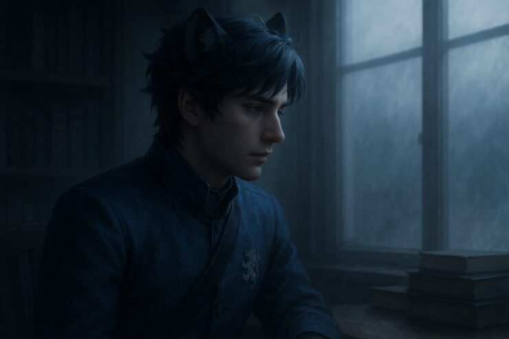 書斎の窓辺に佇み、静かに外を見つめる若き王。その瞳は、成果の陰に潜む虚しさを語らずに伝える。 A quiet royal gazes out from a misty study, where even achievements cannot silence the hollowness within.