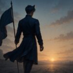 夜明けの石畳に立ち、静かに未来を見つめる青年王。その背中には、戦略という名の“誓い”が揺れていた。 At dawn, a young royal stands on ancient stone, his banner flowing behind him—a silent vow toward the future.