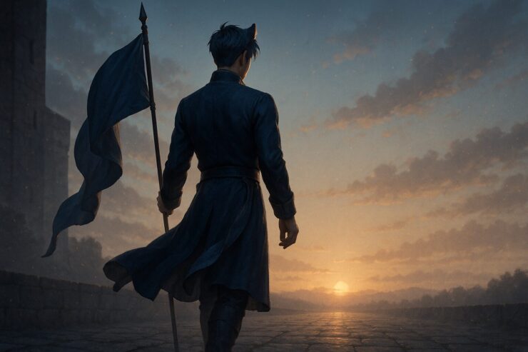 夜明けの石畳に立ち、静かに未来を見つめる青年王。その背中には、戦略という名の“誓い”が揺れていた。 At dawn, a young royal stands on ancient stone, his banner flowing behind him—a silent vow toward the future.