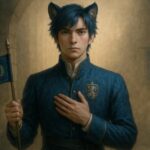 胸に手を当て、小さな旗を掲げてまっすぐに立つ青年王。数字では測れない“守るべき誇り”を、沈黙で語る一瞬。 A young lion-eared royal stands with hand over heart, holding a symbolic flag in silence—protecting values that cannot be measured.