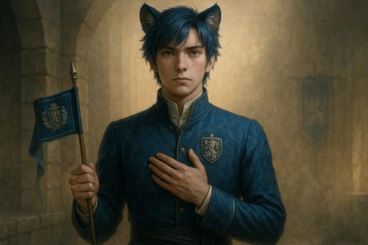 胸に手を当て、小さな旗を掲げてまっすぐに立つ青年王。数字では測れない“守るべき誇り”を、沈黙で語る一瞬。 A young lion-eared royal stands with hand over heart, holding a symbolic flag in silence—protecting values that cannot be measured.