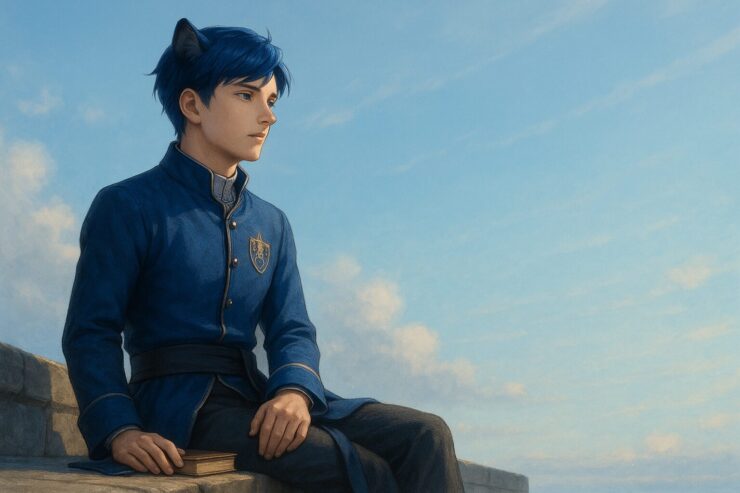 本を閉じ、朝空を見上げる青年王。静かな余白の中に、次の創造が芽吹こうとしている瞬間を描く。 A young royal gazes into the morning sky after closing a book, resting in the quiet pause where creativity begins.