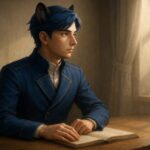 本に手を添えたまま、窓の向こうを見つめる青年王。短期の行動と、長期の理想を静かに重ねる視線。 A young lion-eared royal rests his hand on an open book while gazing into the soft light beyond the window—where present effort meets distant vision.