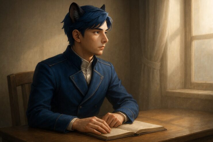 本に手を添えたまま、窓の向こうを見つめる青年王。短期の行動と、長期の理想を静かに重ねる視線。 A young lion-eared royal rests his hand on an open book while gazing into the soft light beyond the window—where present effort meets distant vision.