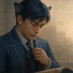 胸元のリボンを見つめる青年王。その静かな仕草の奥に、“守りたいもの”が戦略の始点になるという誓いが宿る。 A young lion-eared royal gently holds a ribbon at his chest, eyes lowered with calm determination—where strategy begins not with ambition, but with what he chooses to protect.