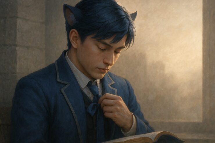 胸元のリボンを見つめる青年王。その静かな仕草の奥に、“守りたいもの”が戦略の始点になるという誓いが宿る。 A young lion-eared royal gently holds a ribbon at his chest, eyes lowered with calm determination—where strategy begins not with ambition, but with what he chooses to protect.