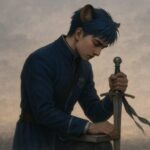 剣を地面に伏せ、静かに視線を落とす青年王。撤退は敗北ではなく、戦略の一部として誇りを保つ瞬間を描く。 A young lion-eared royal places his sword into the ground, lowering his gaze in silent resolve—a strategic retreat that preserves dignity rather than signifies defeat.