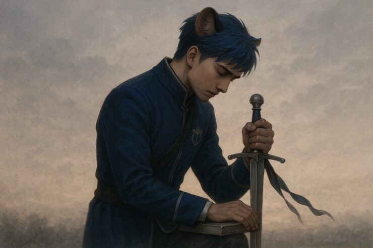 剣を地面に伏せ、静かに視線を落とす青年王。撤退は敗北ではなく、戦略の一部として誇りを保つ瞬間を描く。 A young lion-eared royal places his sword into the ground, lowering his gaze in silent resolve—a strategic retreat that preserves dignity rather than signifies defeat.