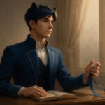 書に手を添え、誓いのリボンをそっと握りしめる青年王。理性と情熱、その両方が未来を描く力になると気づいた瞬間を描く。 A young lion-eared royal sits at his desk, one hand resting on an open book, the other gently holding a ribbon of vow—capturing the quiet harmony of logic and feeling needed to shape the future.