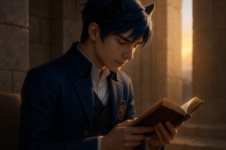 静かな石造りの回廊で、ライオン耳の青年が誓いを携えたように古書を読んでいる姿。朝日がページを照らし、“今”に静かに火を灯す時間を描写。 A lion-eared young man reads an old book under the morning sun, sitting silently in a stone corridor. The light on the page evokes a quiet vow bridging the past and the present.