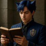 石造りの書斎で、ライオン耳の青年が哲学書を閉じたまま見つめる姿。語らぬまま、問いを抱え、誇りを胸に静かに思索を重ねている。 EN： A lion-eared young man sits in a stone-walled room, quietly holding a closed philosophy book. His expression reflects silent thought, anchored by pride and purpose.