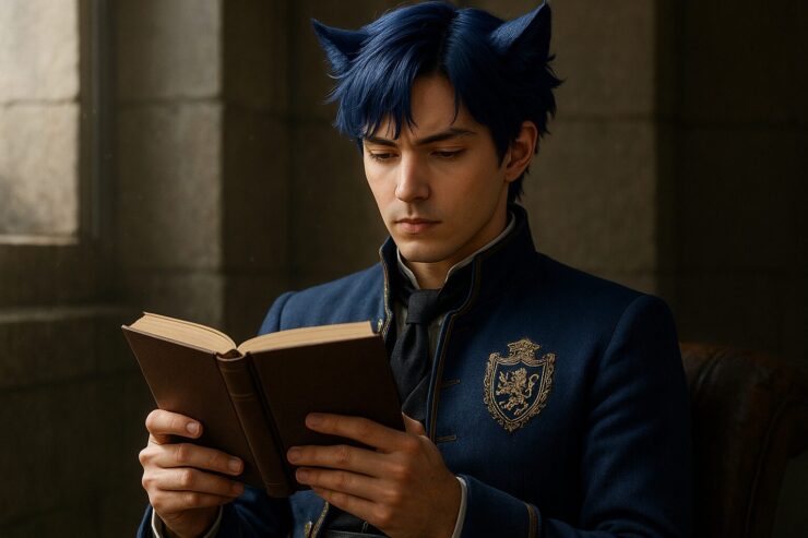 石造りの書斎で、ライオン耳の青年が哲学書を閉じたまま見つめる姿。語らぬまま、問いを抱え、誇りを胸に静かに思索を重ねている。 EN： A lion-eared young man sits in a stone-walled room, quietly holding a closed philosophy book. His expression reflects silent thought, anchored by pride and purpose.